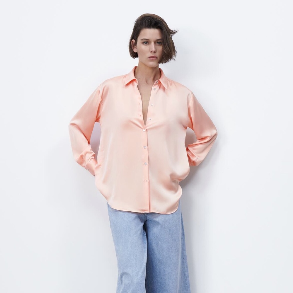 Peach Satin Effect Button Down Blouse